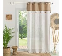 Voilage Fantaisie Lin 140 x 260 cm - Rideau Pompons Jute Tamisant avec Œillets Argent pour Fenêtre Moderne - Blanc et Beige