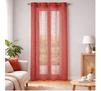 Homemaison - Voilage Filet avec Parement Taffetas - Polyester Uni - Œillets Ronds Argent Ø 4 cm avec Bande de Renfort - Léger pour Salon et Chambre - 140 x 240 cm - Rouge Orangé