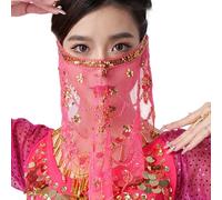 Voile de danse orientale transparent orné de sequins et pompons, ajustable grâce à sa sangle, idéal pour les spectacles et les soirées à thème. Tenue danseuse rose rouge.