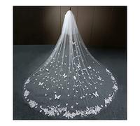 Voile de Mariage Long Bord en Dentelle 3D Papillon Appliques Florales Voile de mariée cathédrale recouvert de Visage avec Peigne voiles de Mariage pour Les mariées (Couleur: Blanc