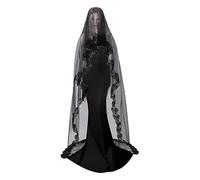 Voile de mariage noir à 1/2 niveaux en tulle doux gothique cathédrale voile de mariée classique vintage Mantilla mariée dentelle châle long châle sorcière Cosplay Headwear, Long voile à 1 niveau (1,5