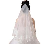 Voile de mariée court blanc une couche en dentelle à fleurs pour femme - Ivoire