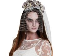 Voile de mariée fantôme avec têtes de mort blanc-gris