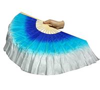 Voile en soie pour danse orientale, Paire d'éventails courts en soie pliables for le culte et les spectacles de danse folklorique chinoise, 4" de soie sur 12" de bambou(Blue turquoise white)