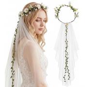 Voile Mariée avec Couronne de Fleurs - Accessoire EVJF Bohème, Voile de Future Mariée pour Enterrement de Vie de Jeune Fille, Accessoire Cheveux Mariage Champêtre pour Plage et Cérémonie - Ivoire