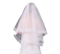 Voiles de mariée en dentelle, Voile de mariée avec peigne à cheveux, bord en perles, longueur coude, deux couches, blanc, 75 cm