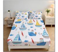 Voilier Drap Housse Microfibre Doux 180x200x30cm, Drap Housse Illustration À L'Aquarelle Lavable Microfibre avec Taies d'oreiller X2, Grand Bonnet 30 Cm pour Lit Super King, Bleu
