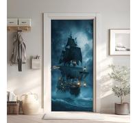 Voilier Effet 3D Sticker Porte, Mer Océan Papier Autocollant Porte Mural Décoration 95x215 cm, Navigation Stickers Muraux Amovible PVC