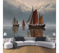 Voilier Hollandais En Bois Papier Peint Décoratif, Ciel Et Littoral Papier Peint En Soie, Convient Pour Salons, Chambres, Salles Bains Murs Bureaux, Facile Nettoyer Durable Gris 250X175 Cm