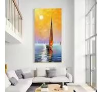 Voilier Lever de soleil Coucher de soleil Impressions sur Toile Peinture sur toile Vagues de la mer bleue Art mural Grande décoration murale Paysage marin Décoration de chambre 25x50cm Sans cadre