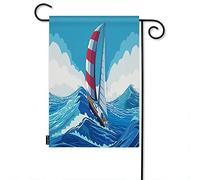 Voilier Ocean Waves Welcome Garden Flag, Modern Ship Cruise Gulls Bird Cloud Sky Beach Farmhouse Garden Flags 12x18 Inch Yard Flag Banner Porch Flags for Patio Lawn Villa Park Outdoor
