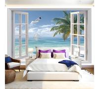 Voiliers Et Bateaux En Bois Papier Peint Intissé Vue sur la plage depuis la fenêtre Papier Panoramique Mural Photo 200 x 140 cm Moderne Décor Murale Tableaux Muraux Tapisserie Salon Chambre à Coucher