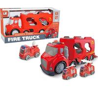 Voiture avec conteneur et 2 camions de pompiers