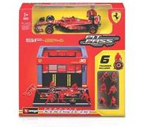 Bburago - Pit Stop Ferrari SF-24#16 Leclerc, Playset avec Diorama, Véhicule 1:43 et 6 Mécaniciens, Réplique Détaillée, Licence Ferrari, Âge Recommandé 3+ Ans