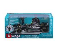 Bburago - Mercedes AMG Petronas W14 Lewis Hamilton #44 2023 - Maquette réaliste de Voiture à l'échelle 1:24 et Personnage de Lewis Hamilton, Licence Officielle Mercedes, âge recommandé 14+ Ans