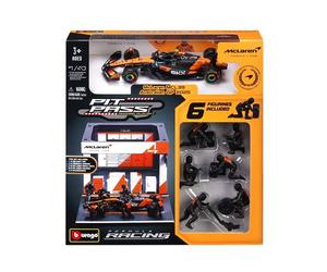 Voiture Bburago Pit-Stop avec véhicule + figurines mécaniciens + paddock + accessoires Mc Laren 2025 pilote #Norris