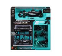 Voiture Bburago Pit-Stop Mercedes AMG W16 (vehicule + figurines mecaniciens + paddock + accessoires) #63 Russell