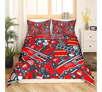 Voiture de dessin animé Housse de Couette Fire Truck Parure de Lit 220x240cm pour enfants Décor de chambre Sapeur pompier Parure Housse de Couette Firemen Car Véhicule Fire Engine 3 pièces