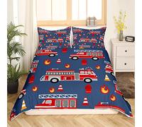 Voiture de dessin animé Housse de Couette Fire Truck Parure de Lit 220x240cm pour enfants Décor de chambre Sapeur pompier Parure Housse de Couette Firemen Car Véhicule Fire Engine Bleu Rouge