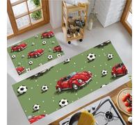 Voiture Dessin Animé Football Tapis de Cuisine, Vert Tapis Cuisine Devant Evier Long Antidérapant et Lavable, Peinture Rétro La Main Paillasson Lavable Décoratif Salon Couloir - 44x70+44x120cm