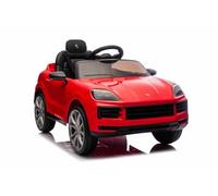 Voiture électrique Enfants Porsche Cayenne 12V sous Licence, Rouge, siège Large, Batterie Lithium, Moteurs 25W Traction arrière, Suspension, télécommande parentale 2,4 GHz, MP3/USB/AUX, Feux LED