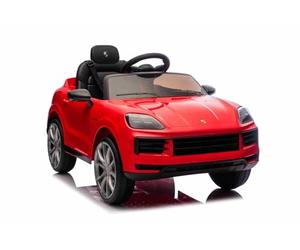 Voiture électrique Enfants Porsche Cayenne 12V sous Licence, Rouge, siège Large, Batterie Lithium, Moteurs 25W Traction arrière, Suspension, télécommande parentale 2,4 GHz, MP3/USB/AUX, Feux LED