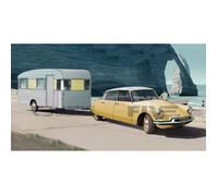 Voiture miniature de collection - NOREV - CITROËN DS 19 + Caravane Digue Panoramic 1960 - Échelle 1/18 - Jaune - Réplique