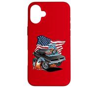 Voiture musclée Classique Patriotique des années 60 avec Drapeau américain Dessin animé Coque pour iPhone 16 Plus