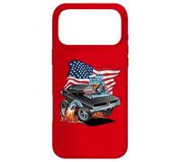 Voiture musclée Classique Patriotique des années 60 avec Drapeau américain Dessin animé Coque pour iPhone 17 Pro Max