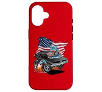 Voiture musclée Classique Patriotique des années 60 avec Drapeau américain Dessin animé Coque pour iPhone 16
