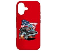 Voiture musclée Classique Patriotique des années 60 avec Drapeau américain Dessin animé Coque pour iPhone 17