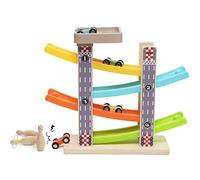 Voiture Rampe de Course Jouets, Circuit Rampe Voiture avec 4 Mini Voitures et 3 Boules de Bowling, Toboggan Voiture Bois, GlissièRe en Zigzag Jeu, Circuit Voiture pour Enfants 1 2 3 Ans