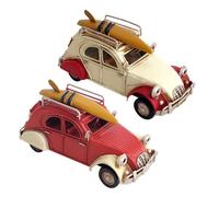 Voiture rétro Miniature Set de 2 Décoration Vintage en métal 2CV bicolore rouge et Blanc de 16cm