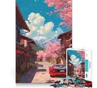 Voiture Rouge dans Un décor de cerisiers en Fleurs Japonais Puzzle de 1000 pièces pour Adolescents Collection d'œuvres d'art Recall Upgrade Calm Relax Clear Cut (38x26cm)