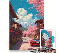 Voiture Rouge dans Un décor de cerisiers en Fleurs Japonais Puzzle de 1000 pièces pour Adolescents Jeu de réflexion Évasion et Calme Bords précis (50x75cm)