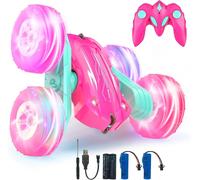 Voiture Télécommandée Enfant, 360°Rotation Camion Cascadeuse avec Feux de Roue, 2.4GHz RC Voiture Radiocommandee Jeux Extérieur Jouet Cadeau pour Garçon Fille 6+ Ans, 2 x Batterie (Rose)