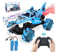 Voiture Télécommandée, Requin Monster Truck, 2,4 GHZ 360 ° Rotation Machines Télécommandées avec Pulvérisations Sonores Eau Tirant RC Voiture Radiocommandé Jouets Cadeau pour Enfants 8+ Ans (Bleu)