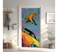 Voiture Tigre Autocollant Porte 3D Auto-Adhésif 80x210 cm, Bande Dessinée Cool Sticker Porte Autocollants de Porte, Pop Art Street Stickers pour Chambre Cuisine Intérieure