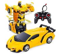 Voiture Transformers Télécommandée, Vehicule radiocommande, Avec batterie Rechargeabilité, Transformation à un bouton-360 ° - jaune