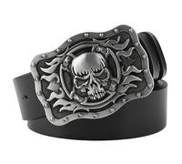 VOIV Ceinture Crâne Boucle En Cuir De Vache Ceinture Crossbones Squelette Reggae Heavy Metal Rock Décoratif, Crâne flamme., 115 cm