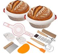 VOKABY 2 Banneton pour Pain,Panier de Fermentation en Coton Tissé avec Doublure en Lin,Grattoir,Brosse en Silicone,Tapis de Cuisson,Coupe-pâte,Fouet à Pâte