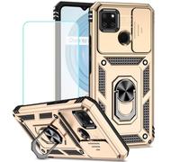 Vokuha Coque pour Realme C21Y / Realme C21 / Realme C25Y RMX3261 avec protection d'écran en verre trempé et housse de caméra coulissante, anneau rotatif à 360 °, support magnétique pour Oppo Realme