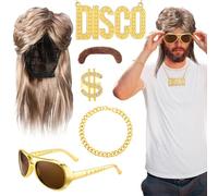 Vokuhila Lot de 6 perruques pour homme avec perruque Assi, lunettes, barbe, collier, bague et bracelet, kit de costume de fête hip-hop pour carnaval, Halloween