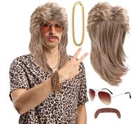 Vokuhila Perruque pour homme Blond des années 90 et 80 - Accessoire de carnaval - Longue moustache à coller - Lunettes - Collier de carnaval - Costume de proxénète - Perruque blonde