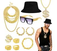 Vokuhila PerüCke Ensemble d'accessoires pour homme avec perruque, lunettes de soleil, collier, bracelet, bague dorée moustache pour carnaval, cosplay, fête costumée, or, taille unique