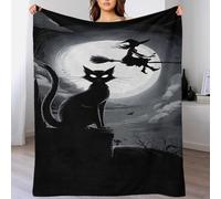 Vol de Chat Sorcière Couverture avec Motif 3D en Polaire, Plaid Doux Et Chaud Décoration Maison Aventure Balai Magique Halloween Lit, 80x90inch(200x230cm)