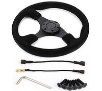 Volant 14in / 350mm pour volant de course automobile en daim noir de à 6 boulons couture noire avec bouton de klaxon
