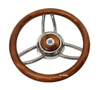 Volant Bois Poli 350mm Couleur Acajou Branches inox Moyeu Cône Universel Bateau