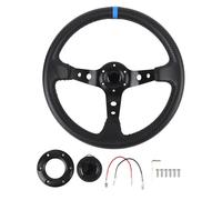 Volant de course de 14 pouces, volant de sport universel avec cadre en aluminium et poignée en cuir PU, design à fond profond ressemblant à la fibre de carbone avec bouton klaxon p (Bleue)