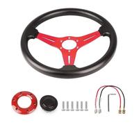 Volant de course en cuir PU 350 mm 14 pouces aluminium for jeu sport et dérive, klaxon universel for voiture(Red)